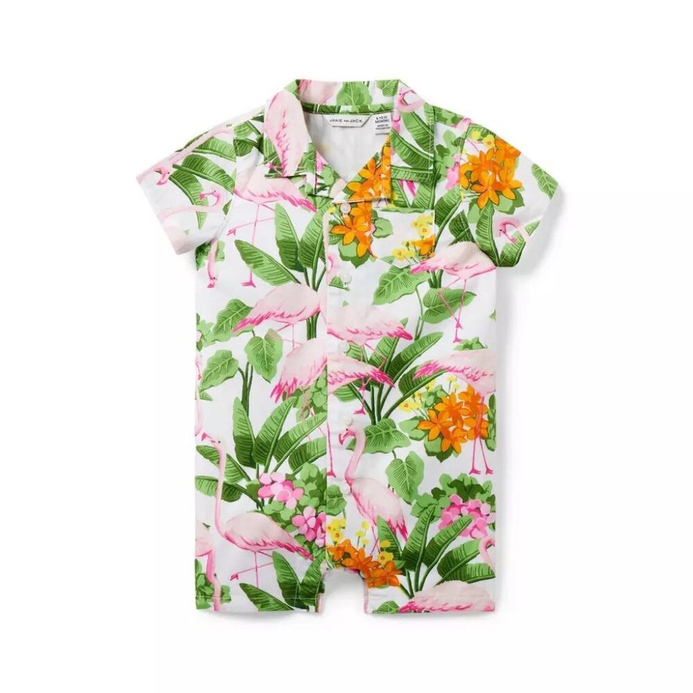 Janie and Jack Cabana Baby Romper White Tropical Flamingo 12-18 Months